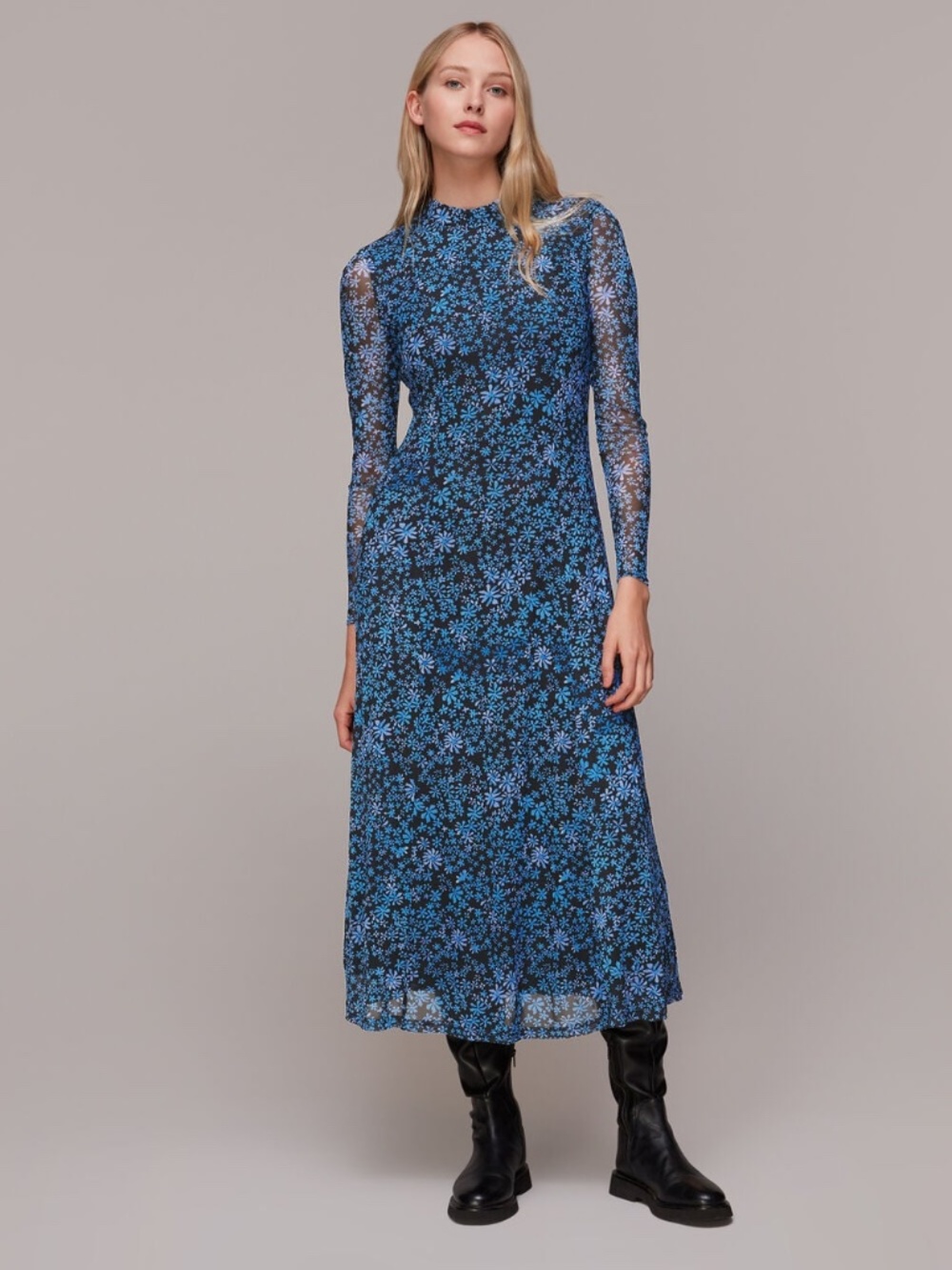 Whistles Boho Floral Minimal Mesh Long Sleeve Dress Blue Multi Size 10